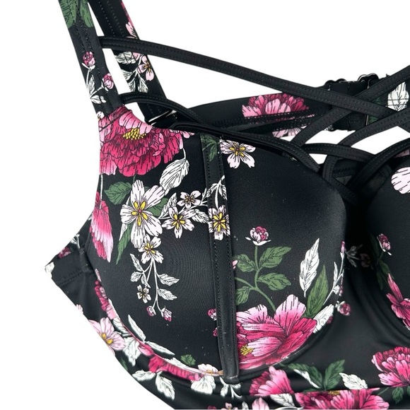 TORRID Black & Pink Floral Print Strappy Push-Up Balconette Bikini Top Size 1X - Picture 4 of 10